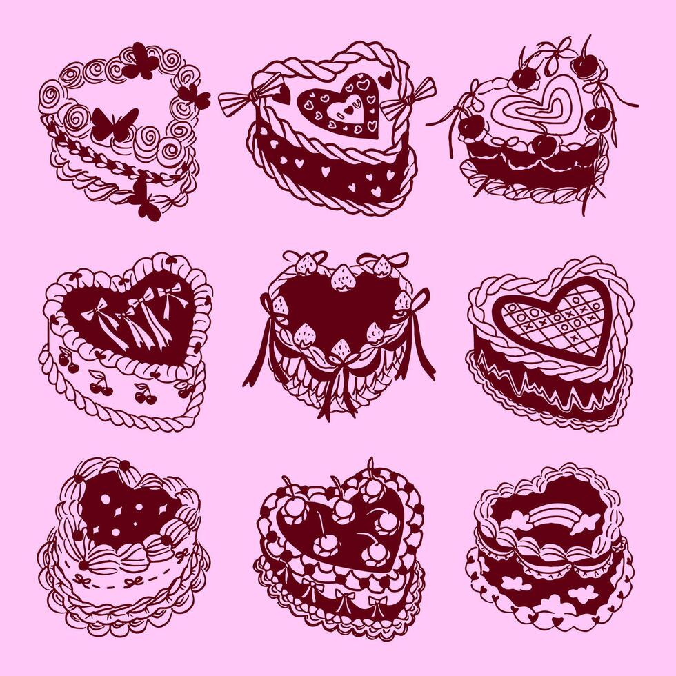 Hand Drawn Heart Shaped Cake Doodle Clipart Set with Cherries, Ribbons, and Decorative Toppings on Pink Background vector