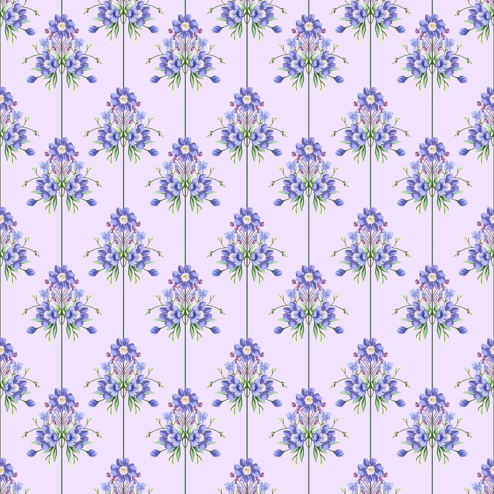 Charming Vertical Floral Stripe Pattern with Purple Blossoms on Lavender Background vector