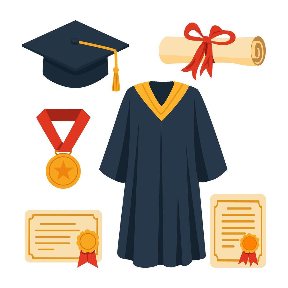 Graduation Elements Set, Cap, Gown, Diploma, Certificate, and Medal Illustration vector
