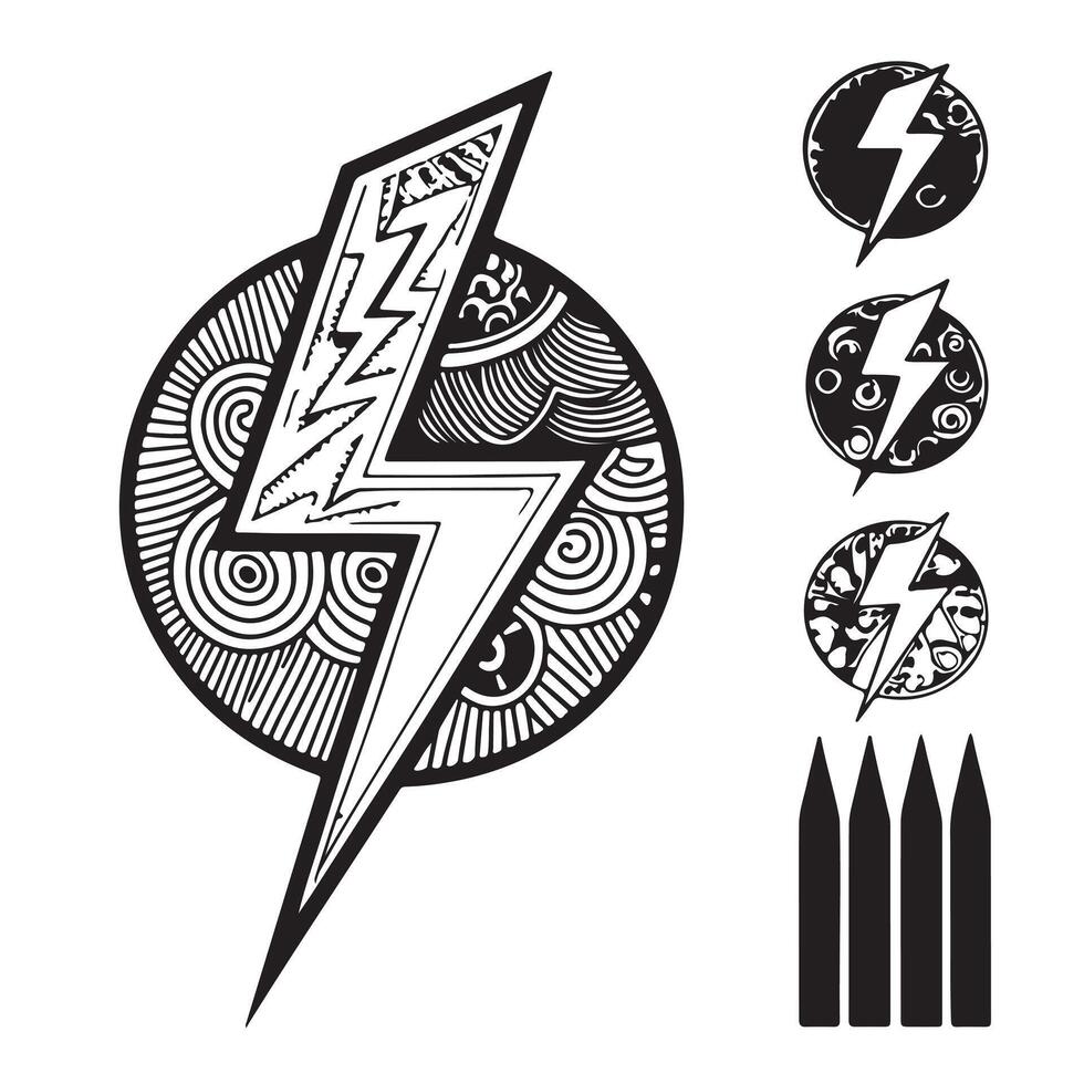 Striking Ornate Lightning Bolt Design Intricate Tattoo Style Flash Art with Circular Mandala Background and Coloring Pencils vector