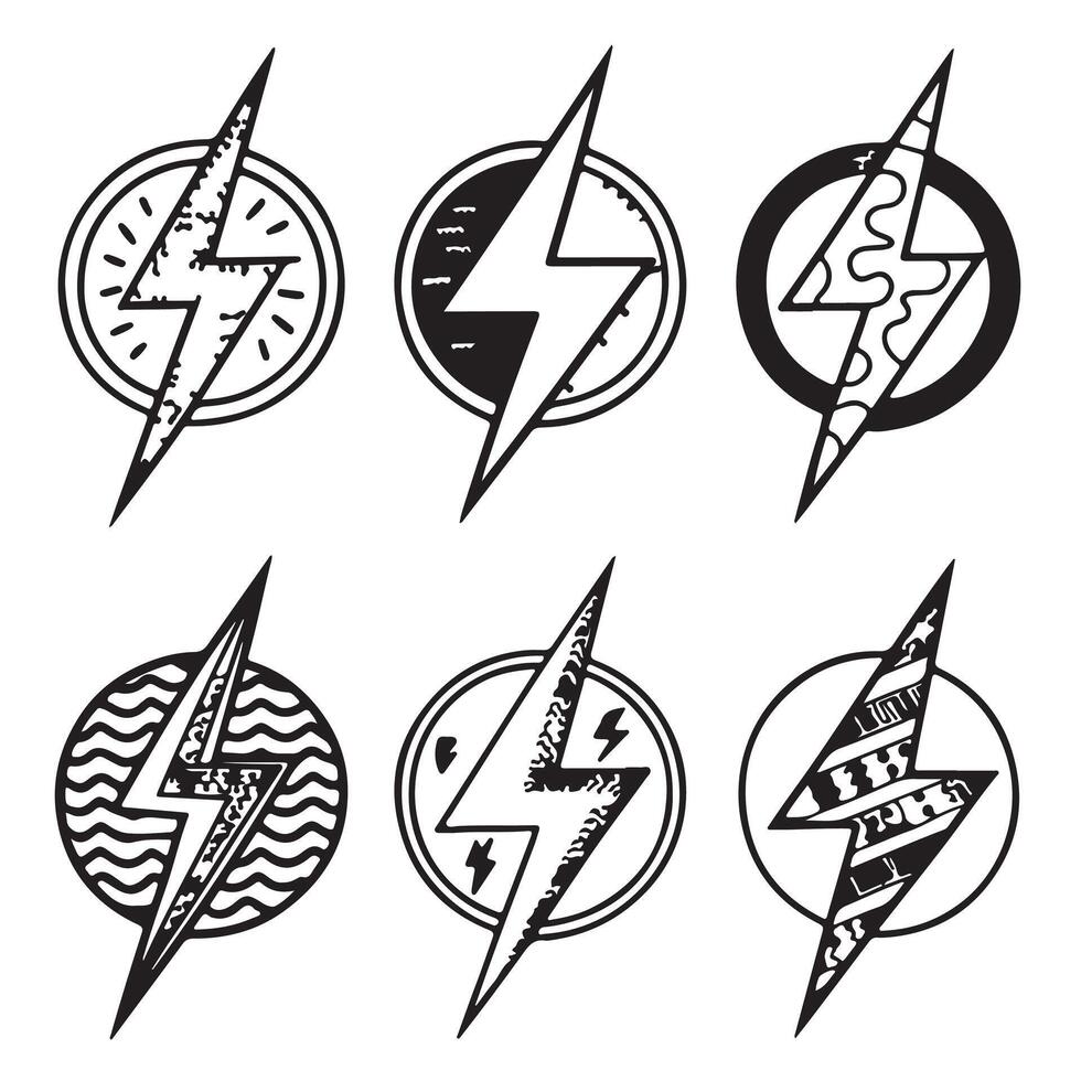 Six Stylish Hand-Drawn Lightning Bolt Designs in Circular Frames A Collection of Energetic and Edgy Flash Icons Perfect for Branding vector