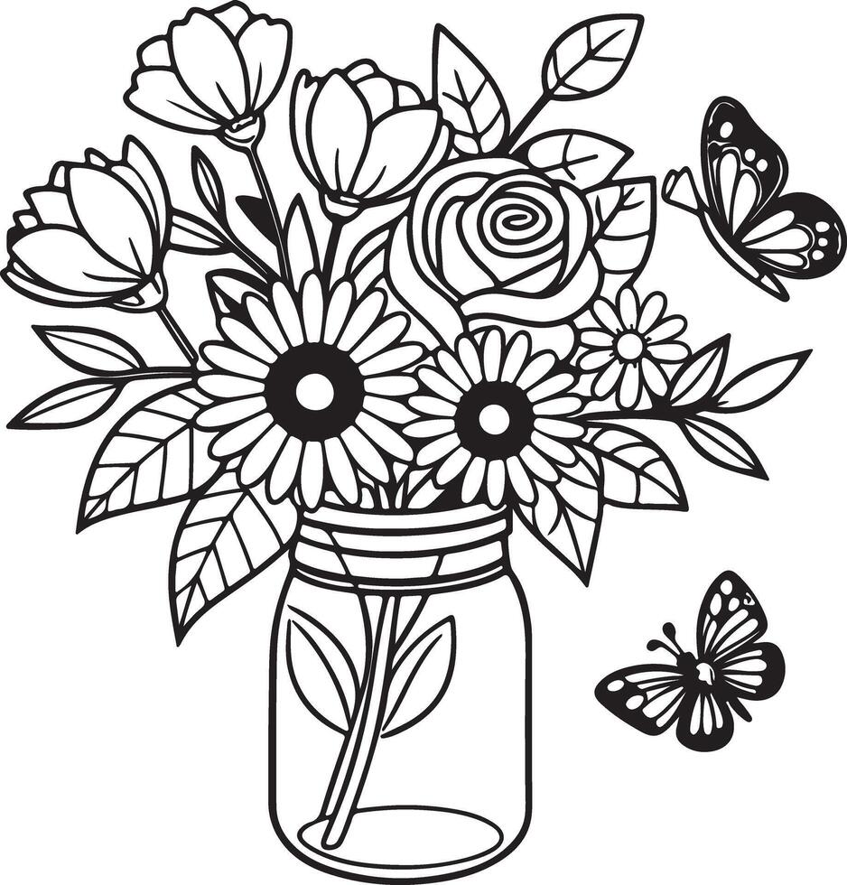 Charming Black and White Line Art of a Rustic Flower Bouquet in a Mason Jar with Butterflies, Perfect for Coloring Pages vector