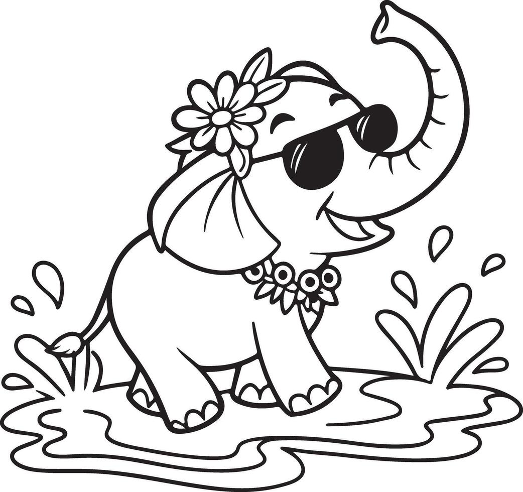Cool Elephant Playing Joyfully in a Puddle A Fun Summer Coloring Page for Kids - Professional digital artwork with vibrant colors and detailed composition vector