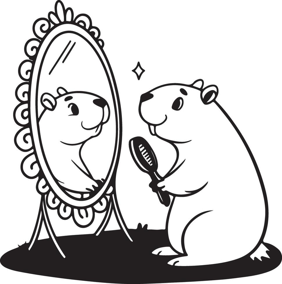 Adorable Prairie Dog Grooming Itself, Gazing at its Reflection in an Ornate Mirror, Charming Black and White Illustration vector