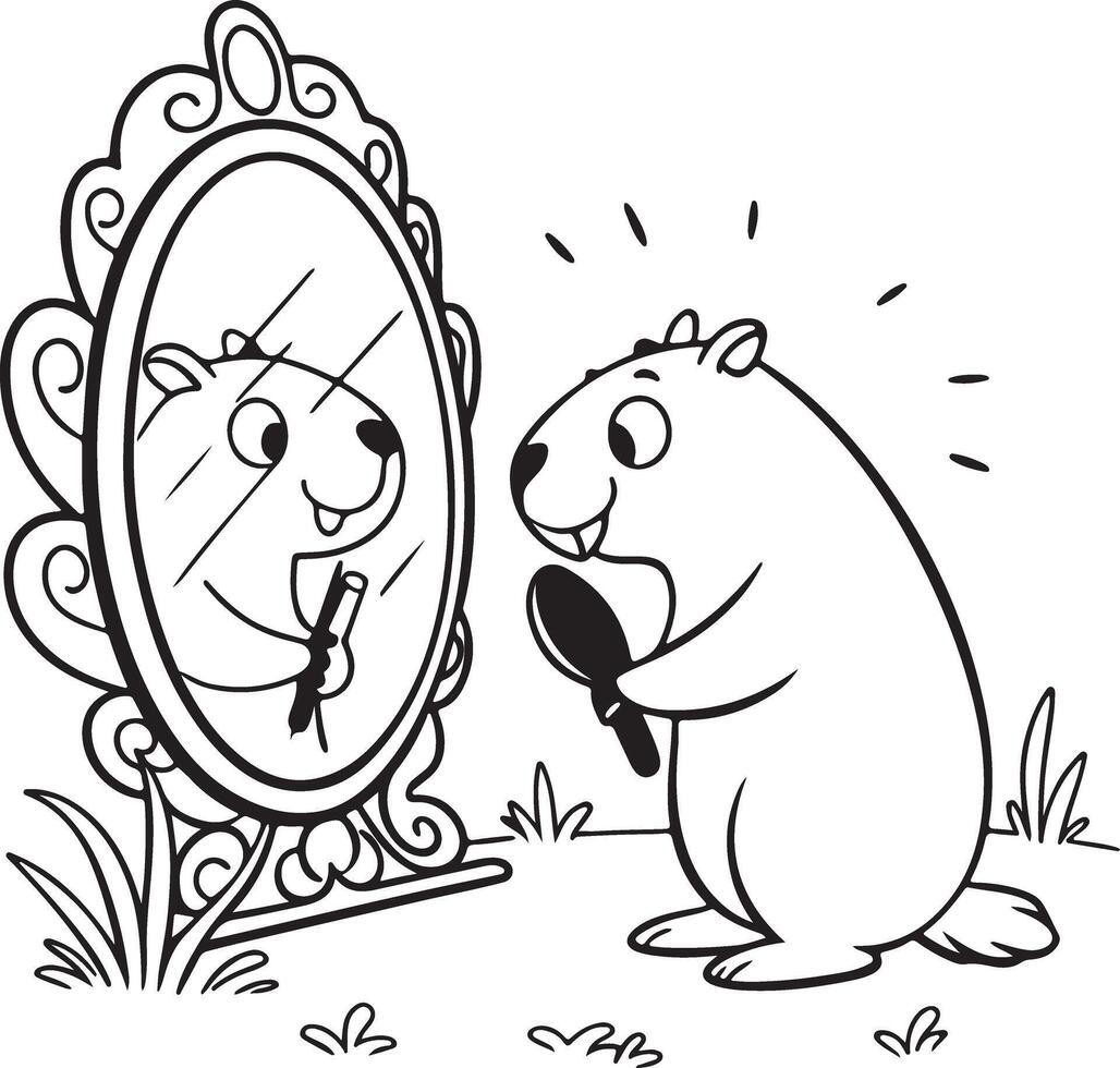 Adorable Groundhog Preening with Hand Mirror, Enjoying a Delightful Self-Care Moment in Nature - Professional digital artwork with vibrant colors and detailed composition vector