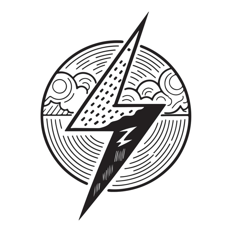 Striking Lightning Bolt Design in a Circular Sky and Cloudscape, Bold Line Art Illustration - Professional digital artwork with vibrant colors and detailed composition vector