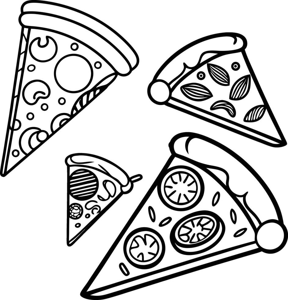 Delicious Pizza Slices A Fun Black and White Coloring Page Featuring Four Tasty Pizza Varieties vector