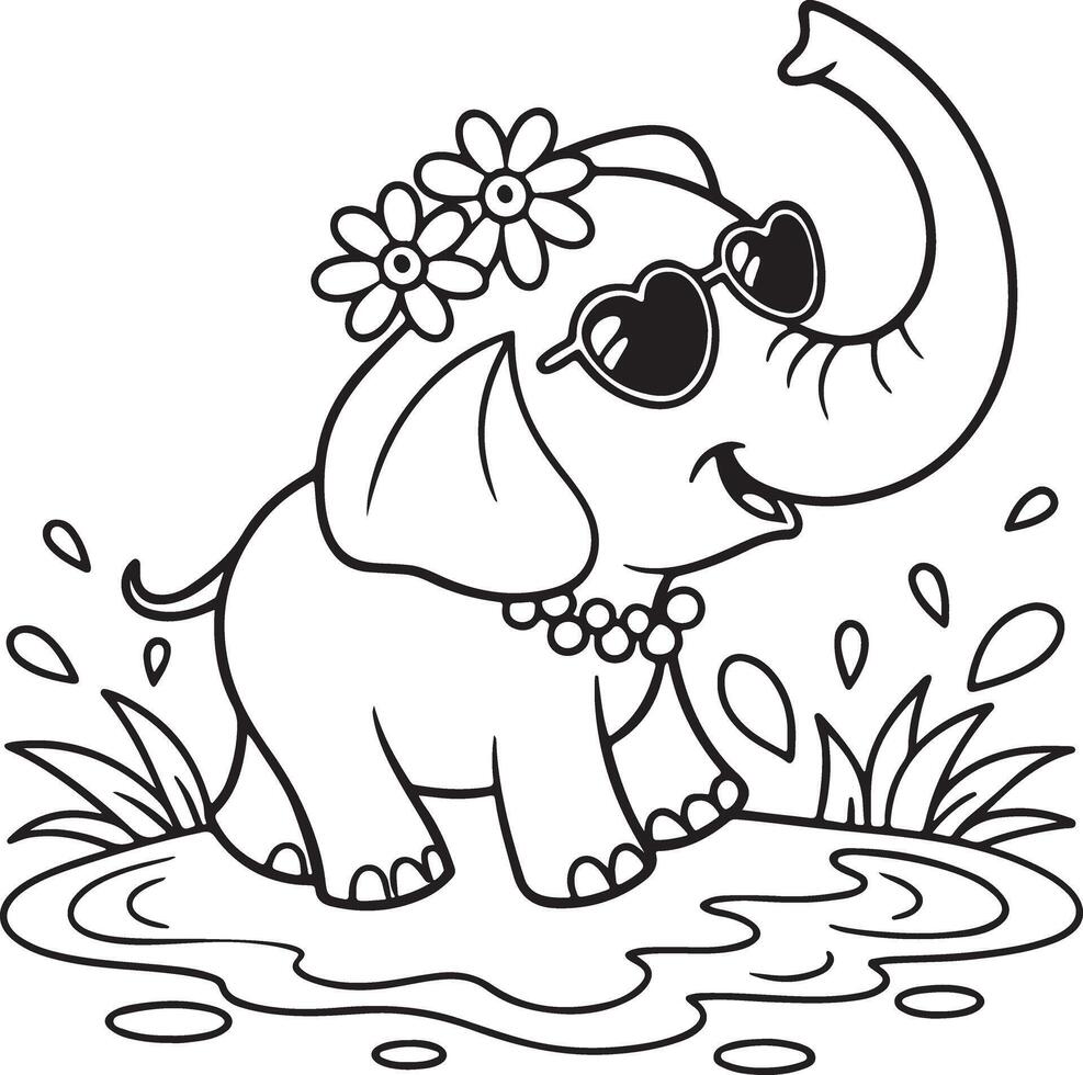 Adorable Baby Elephant Playing in a Puddle A Fun Summer Coloring Page with Flowers and Sunglasses vector