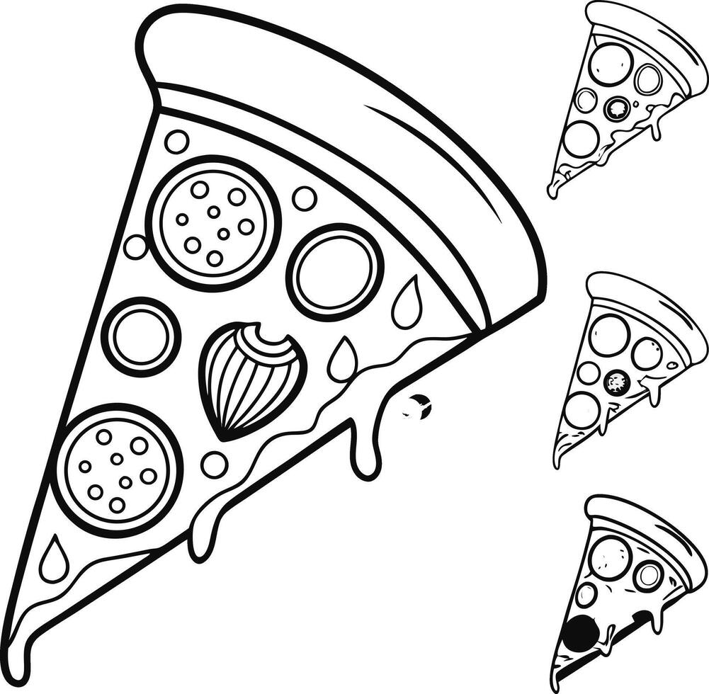 Delicious Melted Cheese Pizza Slice Coloring Page A Fun, Yummy, and Appetizing Black and White Illustration for Kids vector