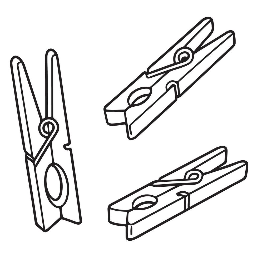 Three Simple Line Drawings of Wooden Clothespins, Isolated on White Background, Clean and Minimalist Style vector