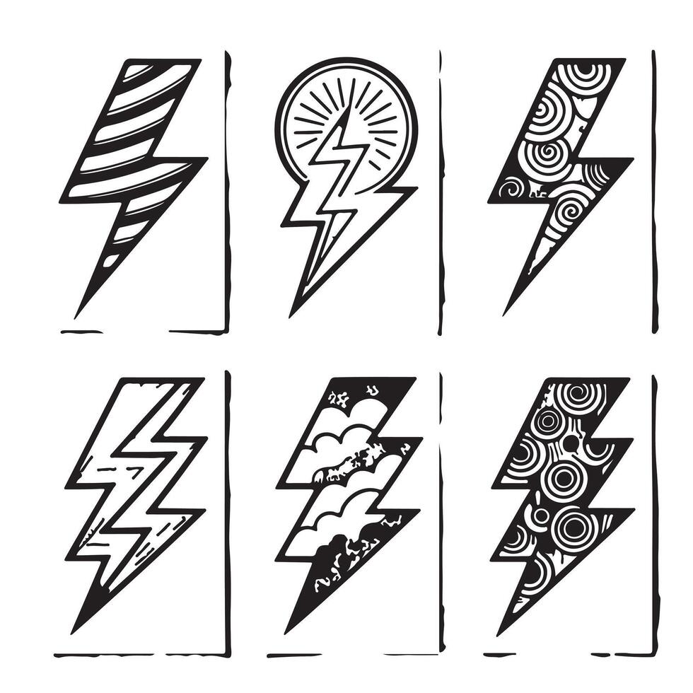 Six Stylish Hand-Drawn Lightning Bolt Designs A Collection of Unique Black and White Flash Icons for Creative Projects vector