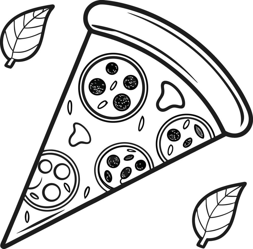 Delicious Hand-Drawn Slice of Pizza with Basil Leaves, Appealing Appetizer, Italian Food Illustration, Simple Line Art Style vector