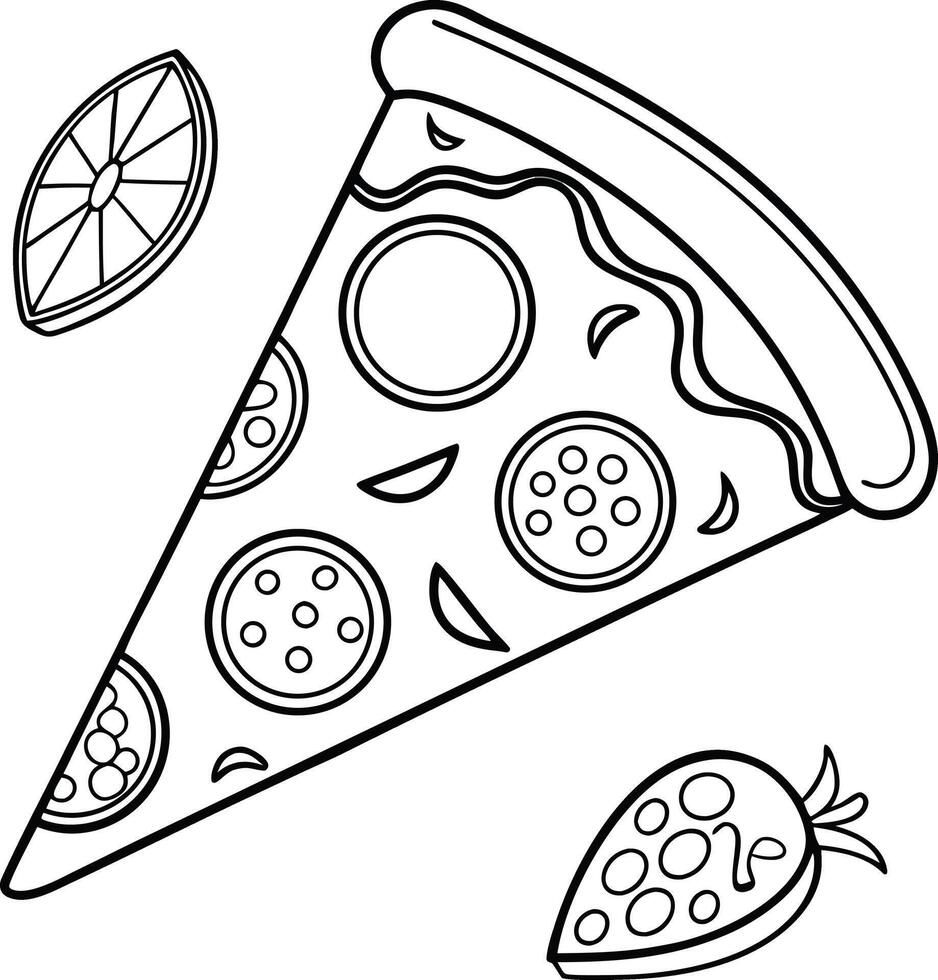 Delicious Pizza Slice Coloring Page A Fun, Whimsical Black and White Illustration Featuring Pizza, Lemon, and Strawberry vector