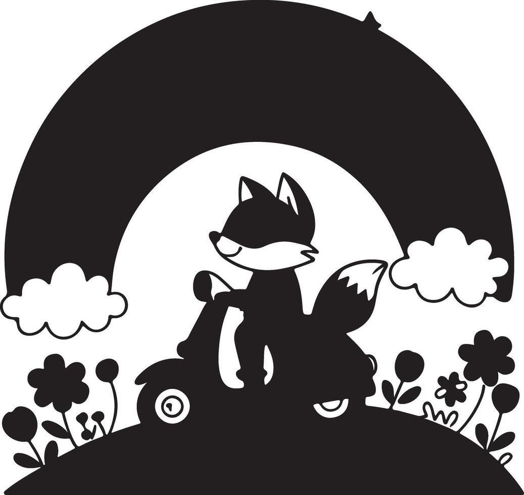 Adorable Fox on Scooter Silhouette Underneath a Serene Rainbow in a Whimsical Meadow - Professional digital artwork with vibrant colors and detailed composition vector