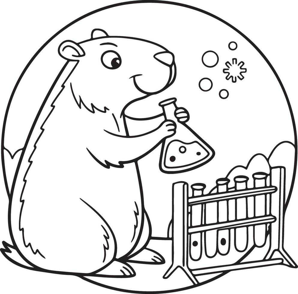 Adorable Marmot Scientist Conducts Experiments in a Serene Nighttime Lab Setting, Coloring Page - Professional digital artwork with vibrant colors and detailed composition vector