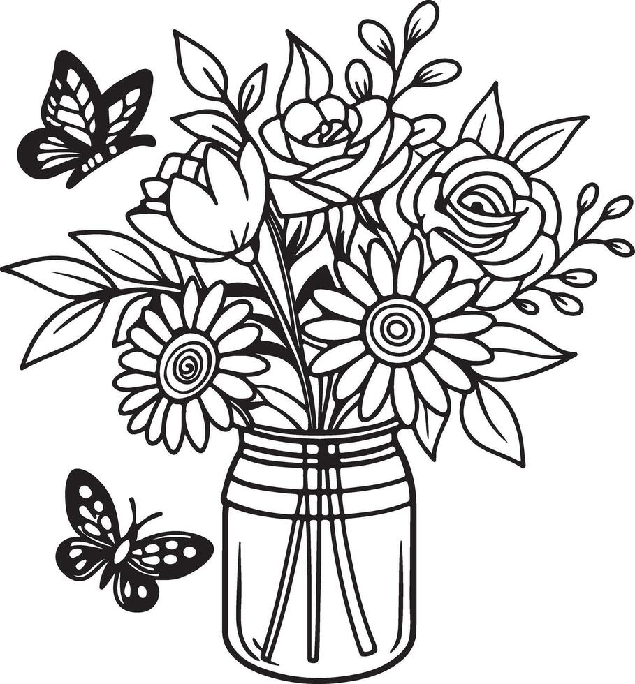 Serene Black and White Line Art of a Mason Jar Flower Bouquet with Butterflies, Perfect for Coloring Pages and Home Decor vector