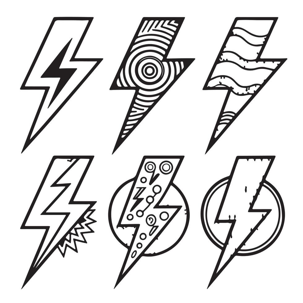 Six Stylish Hand-Drawn Lightning Bolt Designs Bold, Energetic, and Trendy Graphic Elements for Modern Designs vector
