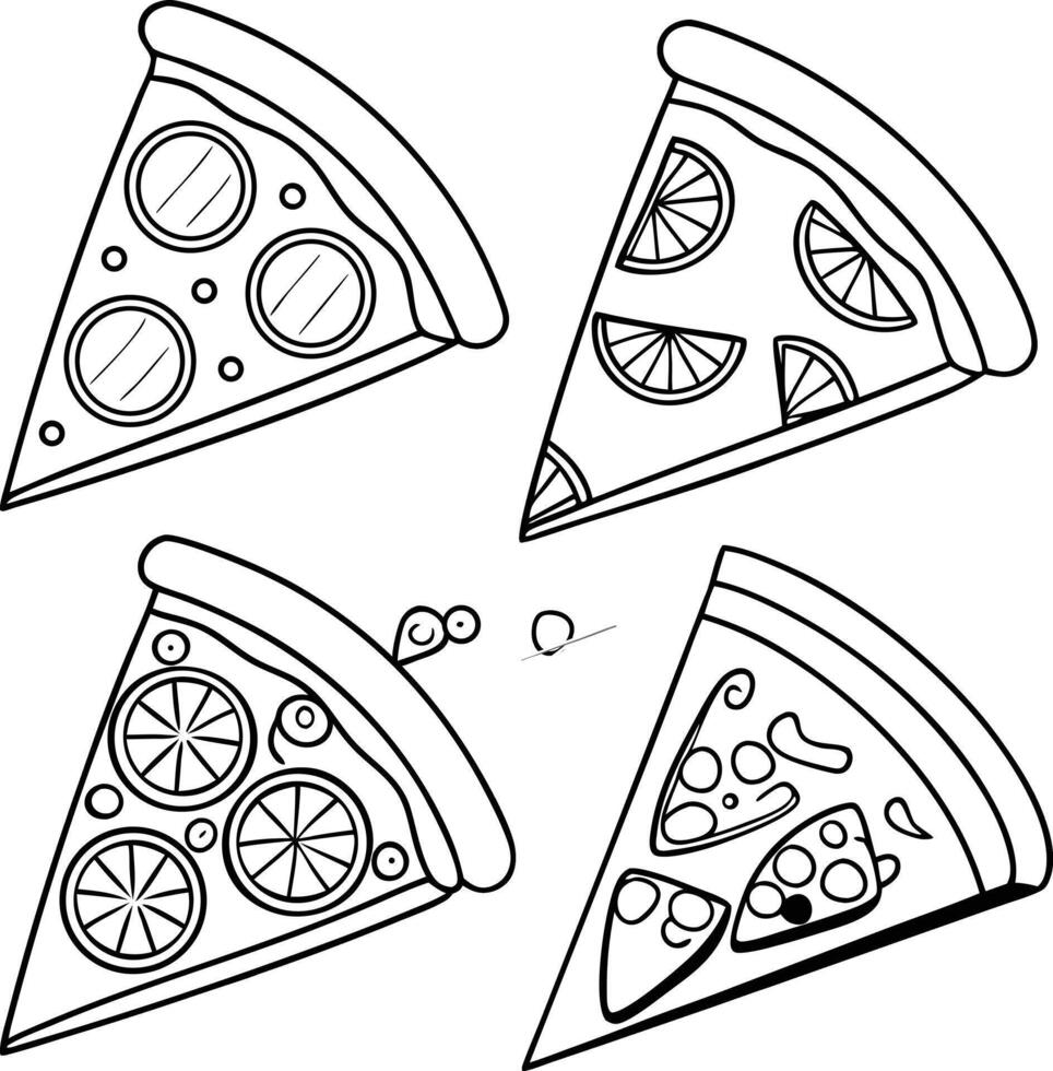 Fun Pizza Slice Coloring Pages Four Delicious, Quirky, and Playful Designs for Kids - Professional digital artwork with vibrant colors and detailed composition vector