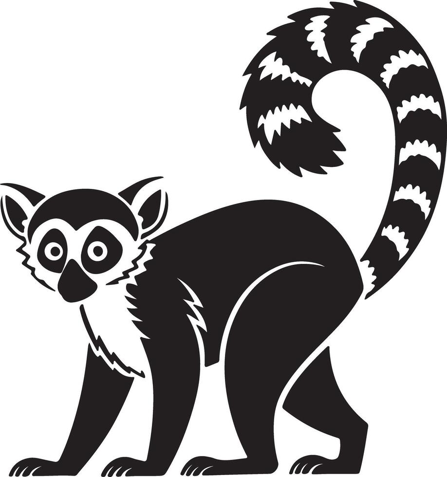 Majestic Ring-Tailed Lemur Silhouette A Striking Black and White Illustration of a Primate in a Peaceful Pose vector
