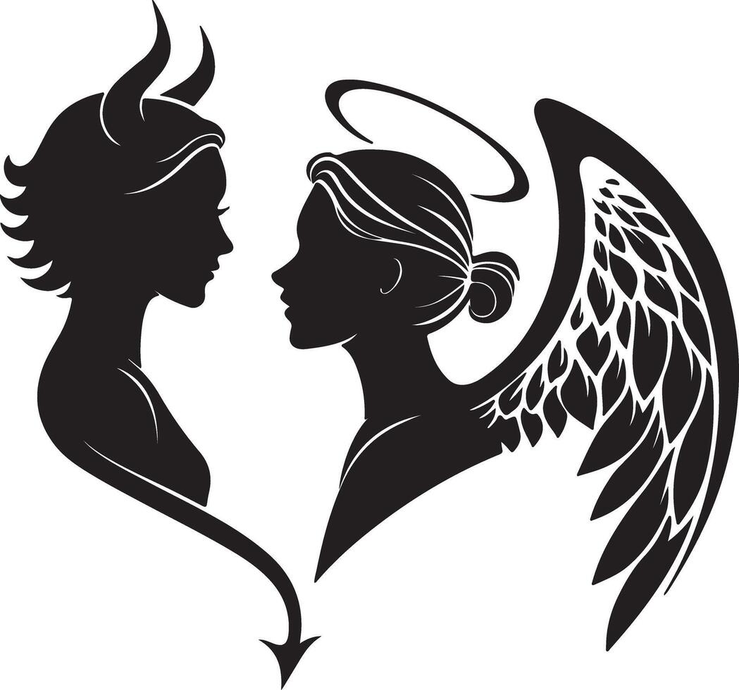 Romantic Silhouette of an Angel and Devil Facing Each Other in a Heart Shape, Symbolizing Loves Dual Nature, Dark and Light vector