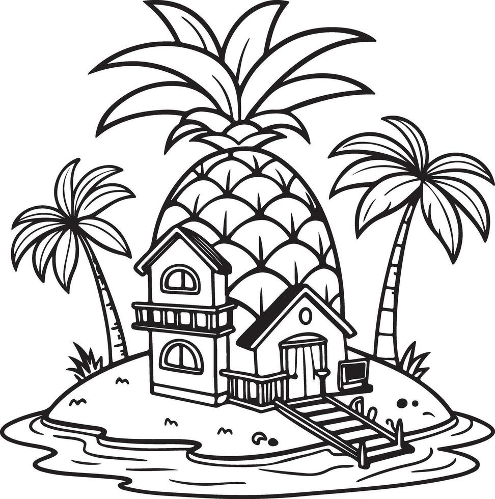 Charming Black and White Illustration of a Tropical Pineapple House on a Secluded vector