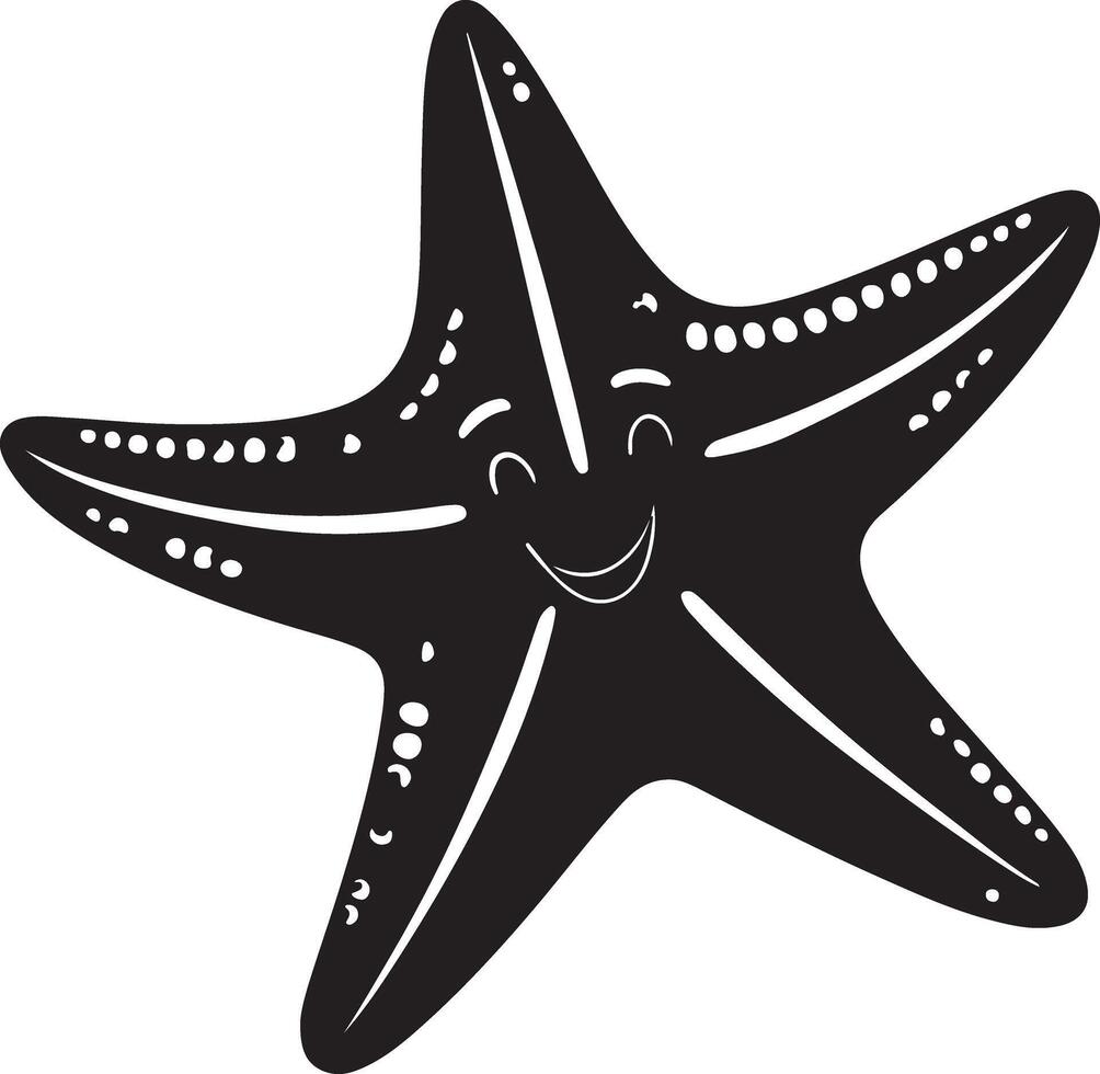 Happy Smiling Starfish Cartoon Illustration, Joyful Underwater Sea Creature, Ocean Theme, Black and White Design vector