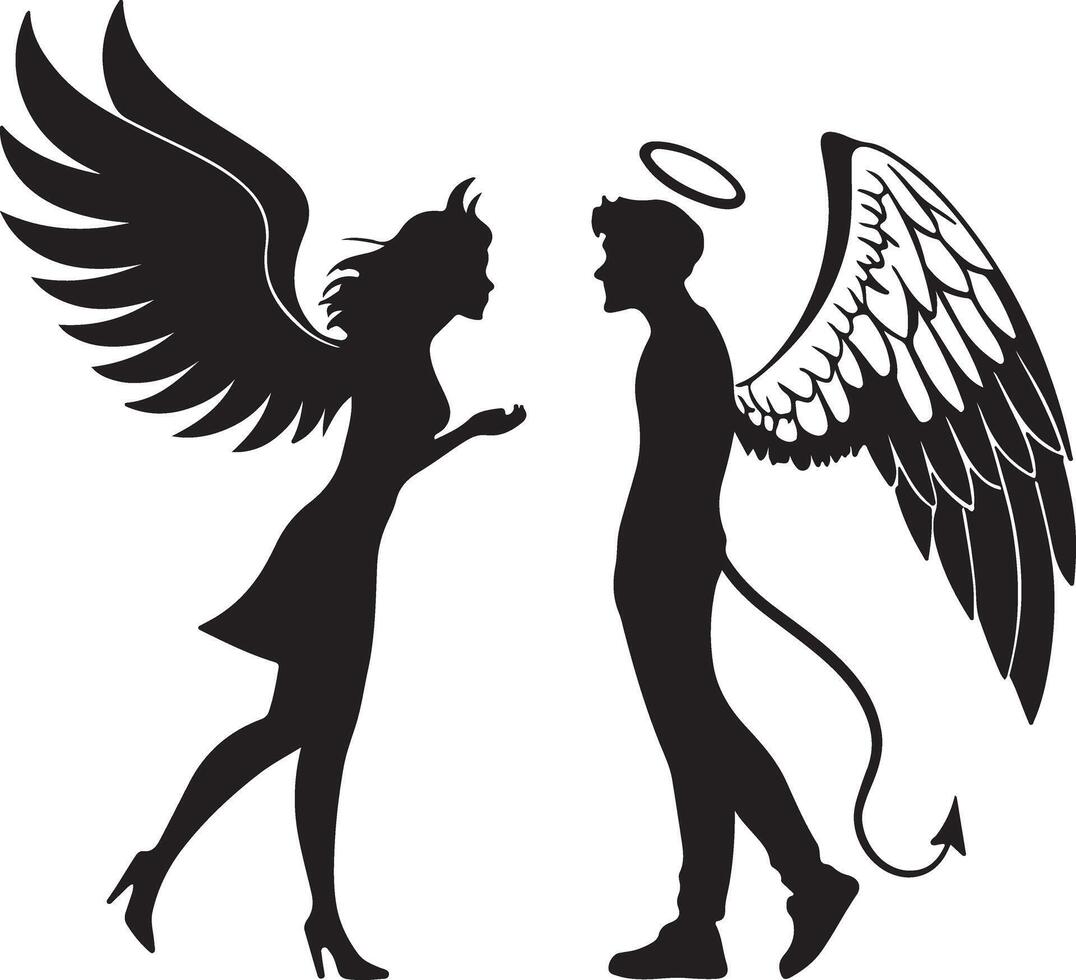 Dramatic Silhouette of Angel and Devil Figures Facing Each Other, a Gothic Romantic Encounter, in Black and White vector