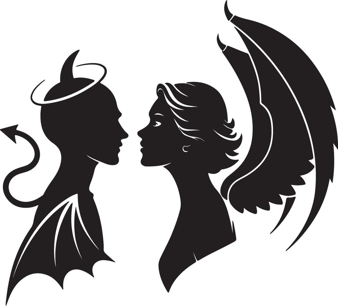 Romantic Silhouette of Devil and Angel Facing Each Other, Intense Gaze, Dark and Mysterious Mood, Gothic Art Style vector
