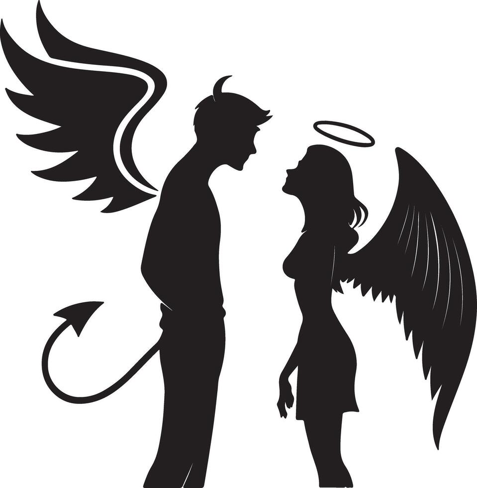 Romantic Silhouette of an Angel and Devil in Love, Embracing Opposites in a Dark and Mysterious Setting vector