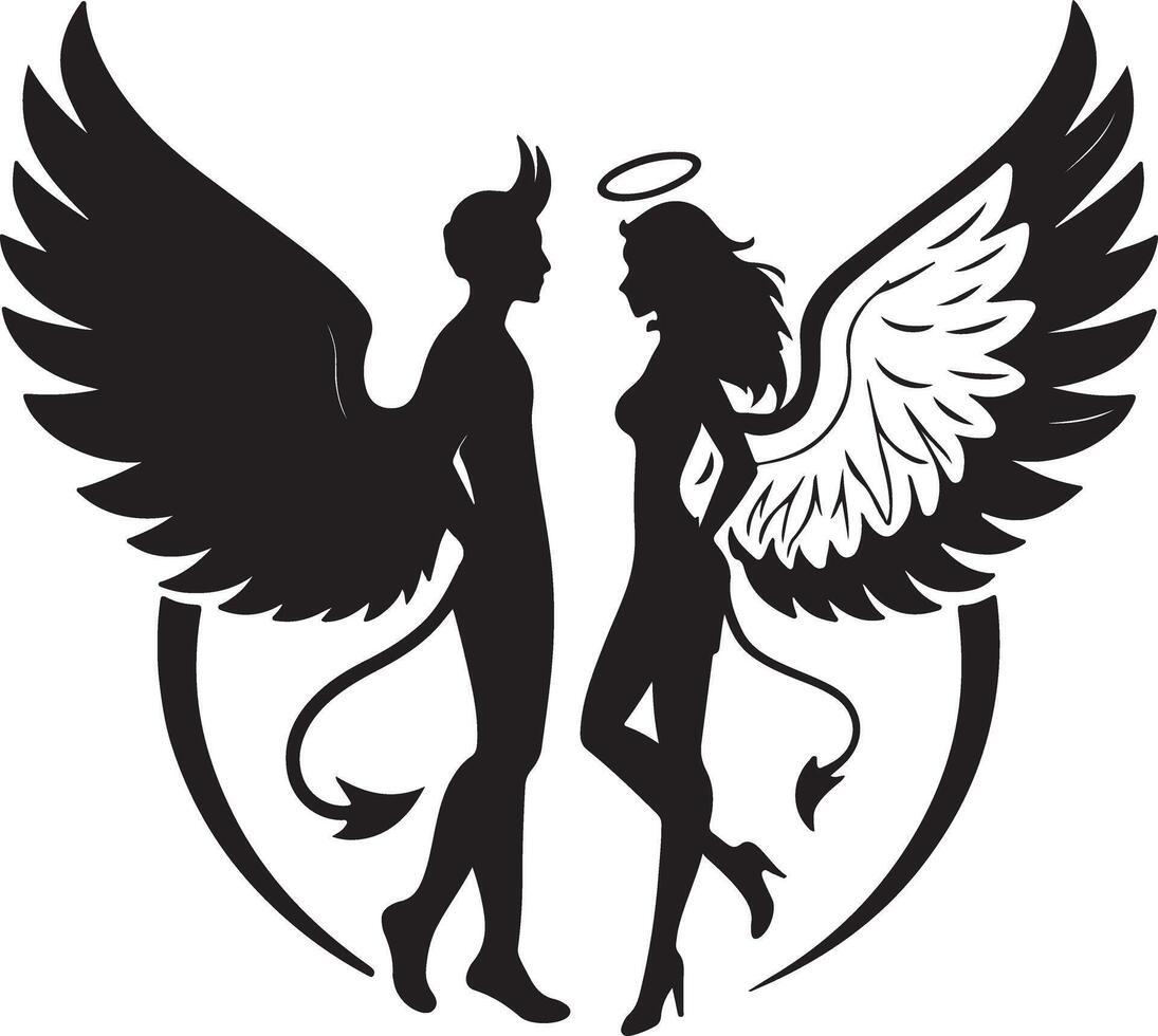 Mysterious Black and White Silhouette of Angel and Devil in Romantic Embrace, Gothic Style Artwork, Dark Fantasy Illustration vector