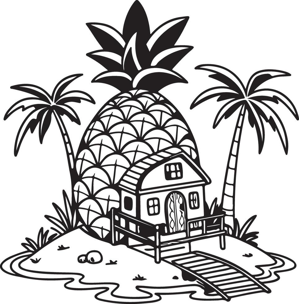 Enchanting Black and White Illustration of a Quaint Pineapple House on a Tropical Island Paradise vector