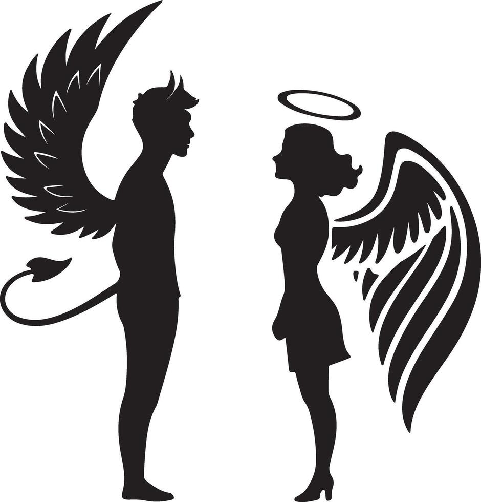 Devil and Angel Silhouettes A Dramatic Contrast of Good vs. Evil in a Romantic Setting vector