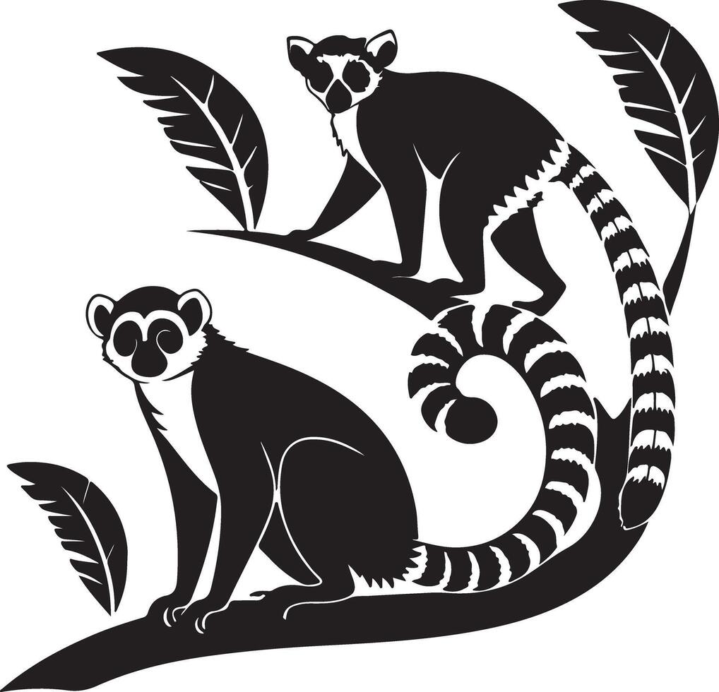 Two Elegant Lemurs Resting on Tropical Branches, Black and White Silhouette, Serene Jungle Mood - Professional digital artwork with vibrant colors and detailed composition vector