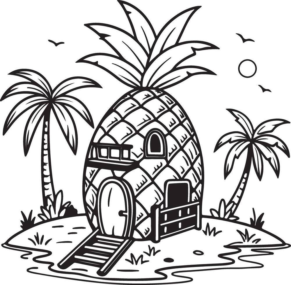 Serene Black and White Illustration of a Charming Pineapple House on a Tropical Island Paradise vector