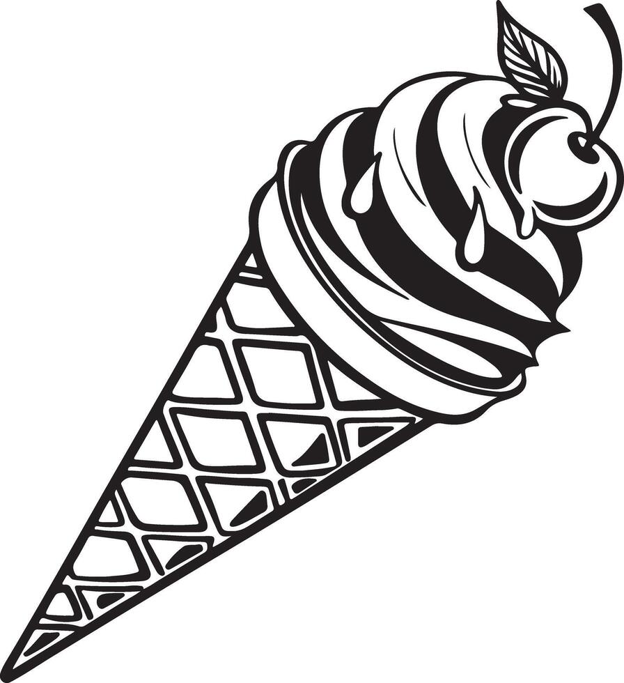 Delicious Black and White Illustration of a Creamy Ice Cream Cone with Cherry on Top, Summer Treat vector