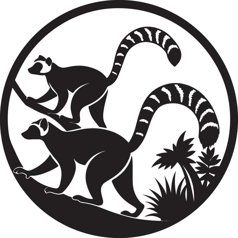 Two Ring-tailed Lemurs Gracefully Leaping Through Lush Tropical Foliage in a Striking Black and White Silhouette Circle Design vector