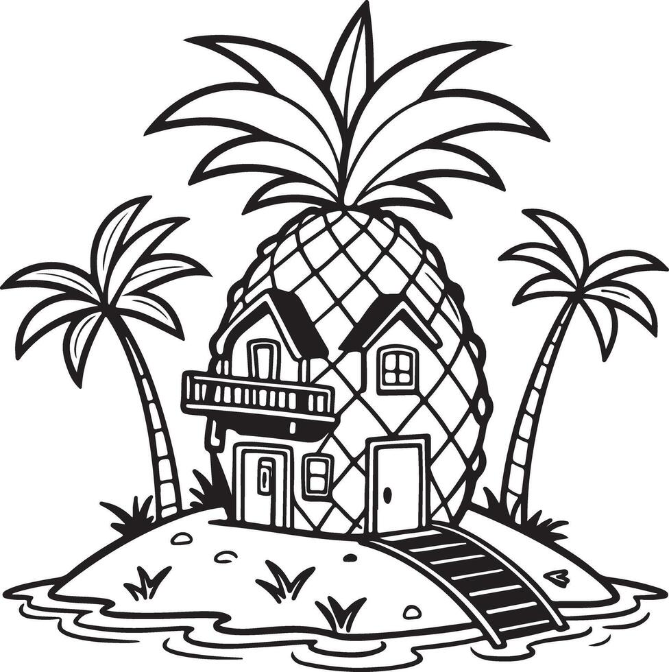 Charming Black and White Illustration of a Tropical Pineapple House on a Secluded Island vector