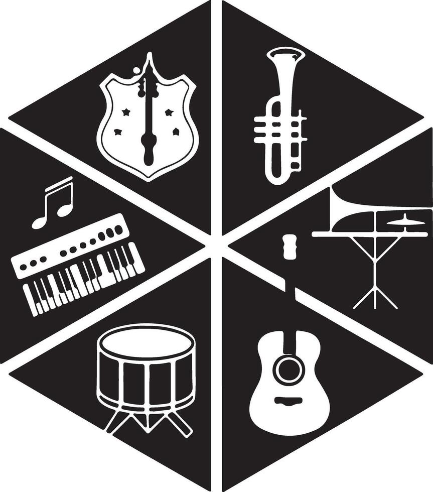 Stylish Hexagon Showing Diverse Musical Instruments Trumpet, Keyboard, Drum, Guitar, and More in a Dark Mood vector