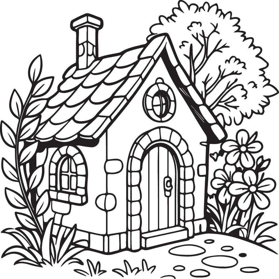 Charming Black and White Cottage Coloring Page Enchanting Stone House Nestled in a Lush Garden with Flowers vector