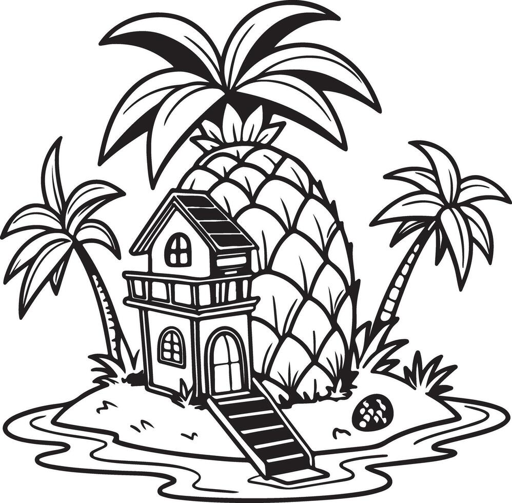 Idyllic Tropical Island House Escape Charming Black and White Illustration of a Tiny Home on a Pineapple-Shaped Island Surrounded by Palm Trees vector