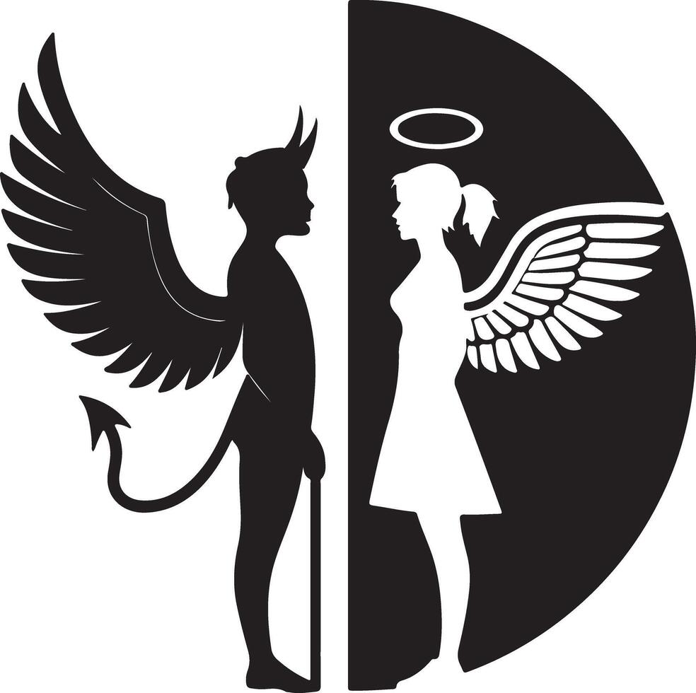 Striking Black and White Silhouette of Angel and Devil Figures, Symbolic of Good vs. Evil, in a Dramatic Dualistic Composition vector
