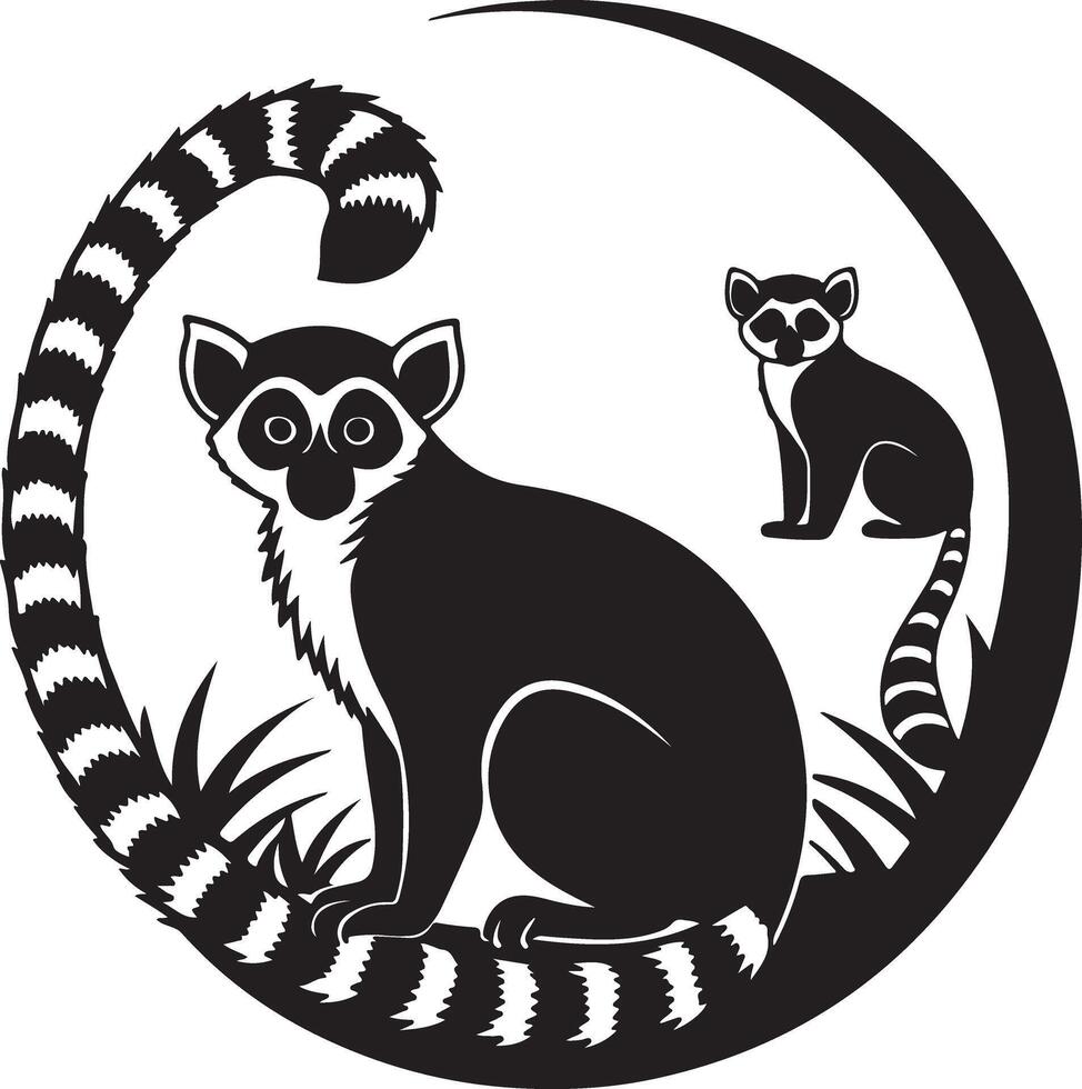 Majestic Ring-Tailed Lemurs in Monochrome Serene Wildlife Art in a Circular Design - Professional digital artwork with vibrant colors and detailed composition vector