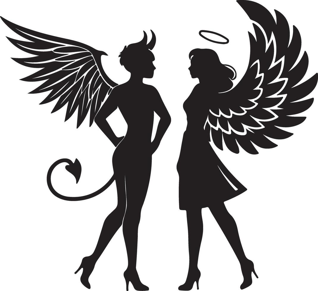 Dramatic Silhouette of a Devil and Angel Facing Each Other in a Mystical Confrontation - Professional digital artwork with vibrant colors and detailed composition vector