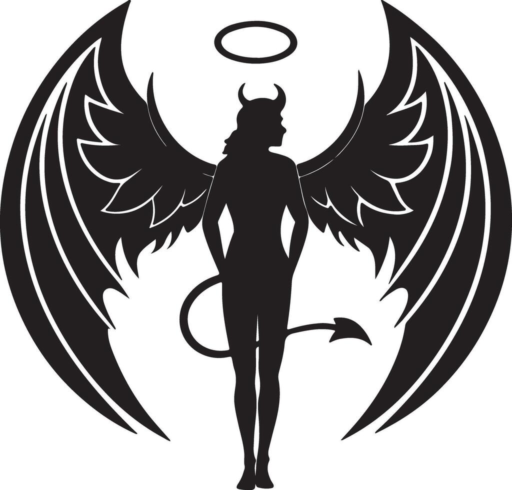 Mysterious Fallen Angel Silhouette with Devilish Wings and Halo Dark Fantasy Art - Professional digital artwork with vibrant colors and detailed composition vector