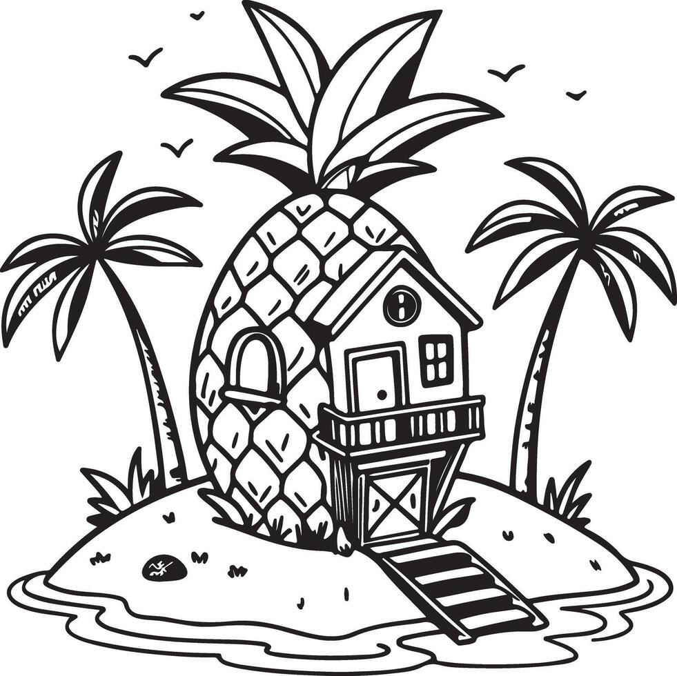 Serene Tropical Island Escape Charming Pineapple House Illustration, Idyllic Beach Scene, Whimsical Black and White Artwork vector