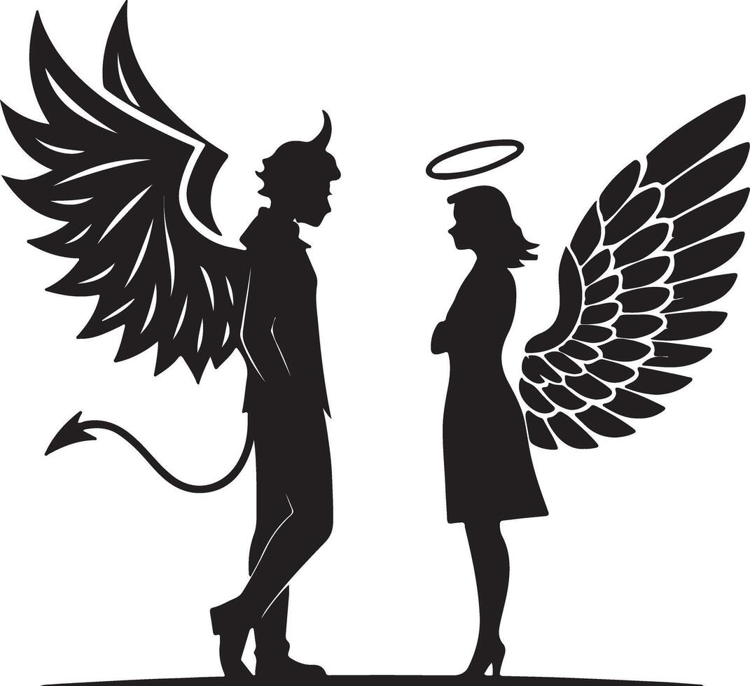 Dramatic Silhouette of Angel and Devil Facing Off, Symbolic of Good vs. Evil, a Dark and Mysterious Illustration vector