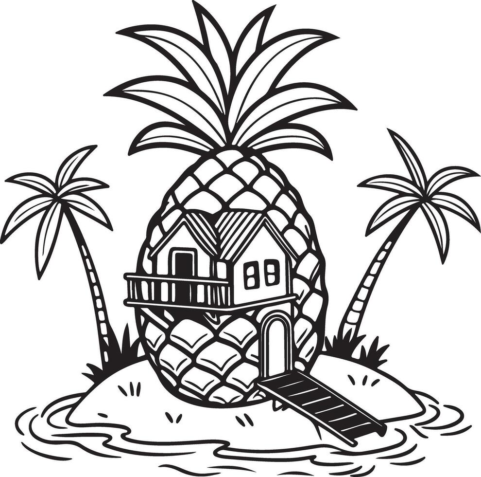 Charming Black and White Illustration of a Tropical House Built into a Giant Pineapple on a Secluded Island Paradise vector