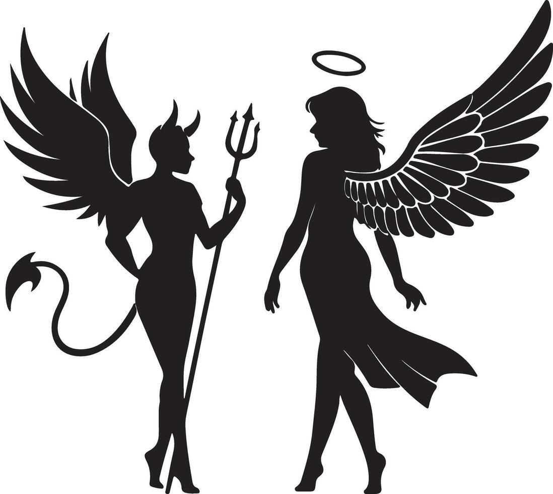 Dramatic Silhouette of Angel and Devil A Dark, Contrasting Illustration of Good vs. Evil - Professional digital artwork with vibrant colors and detailed composition vector
