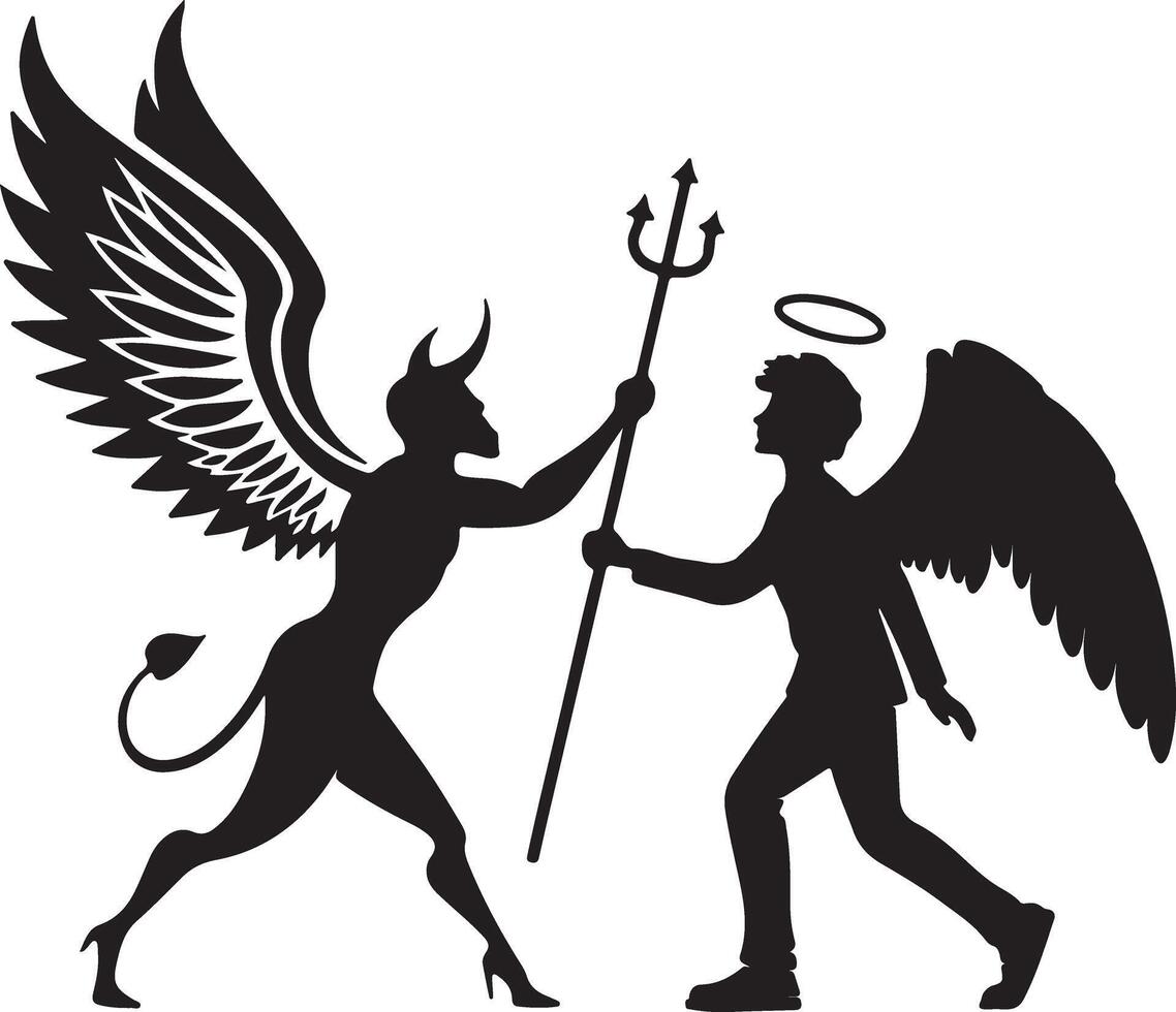 Dramatic Silhouette of Angel and Devil Grappling for a Trident in a High-Contrast, Symbolic Showdown vector