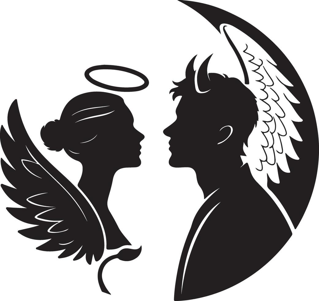 Romantic Silhouette of Angel and Devil in Passionate Embrace, a Dark and Mysterious Yin and Yang Design vector